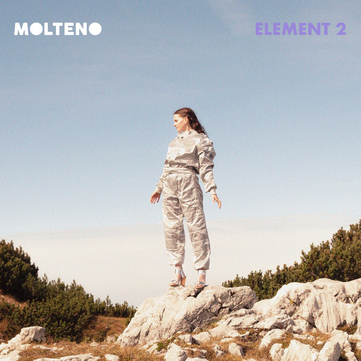 Element 2 artwork: MOLTENO in a silver quilted suit on a rock against the sky.